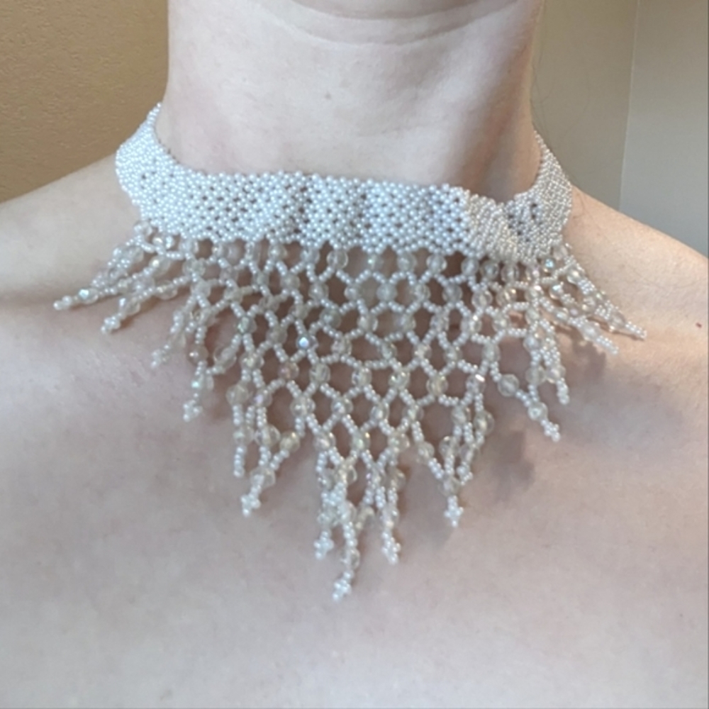 Elegant White Handmade Beaded Fringe Choker Necklace